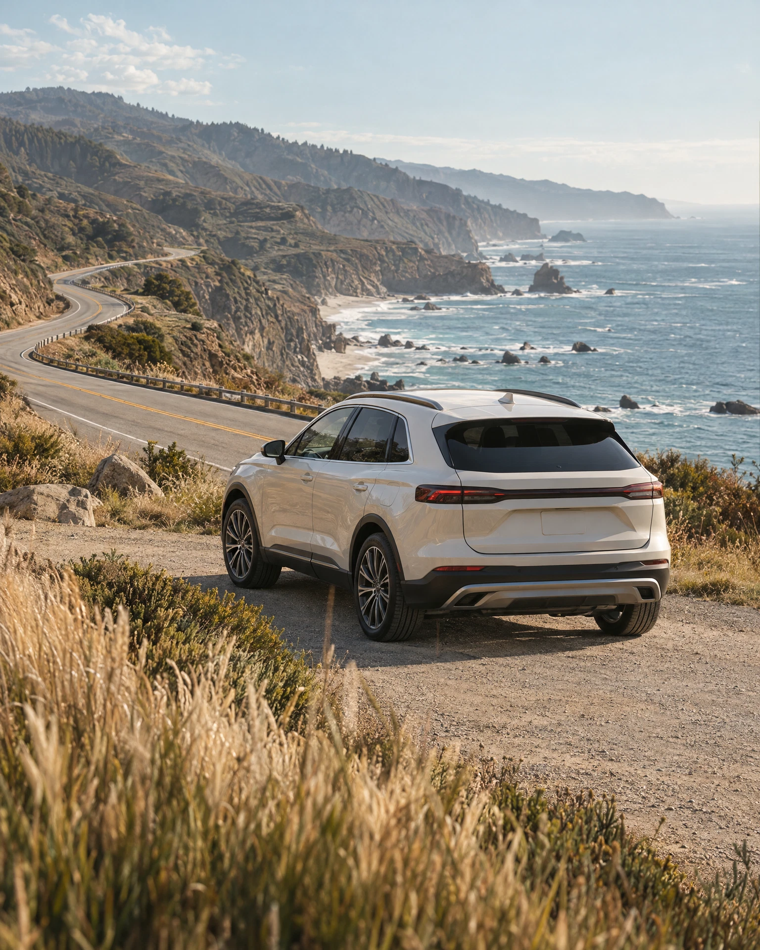 A cream-colored SUV on a winding coastal road above the ocean